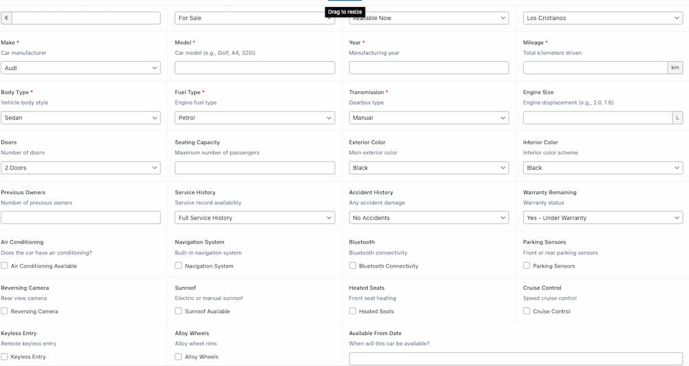 Car dealer admin backend — add vehicle form with photo upload