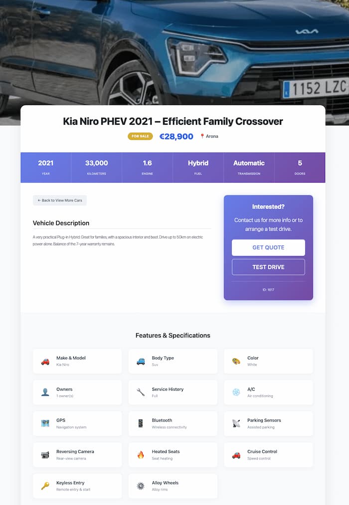 Individual vehicle listing page with full gallery and WhatsApp button