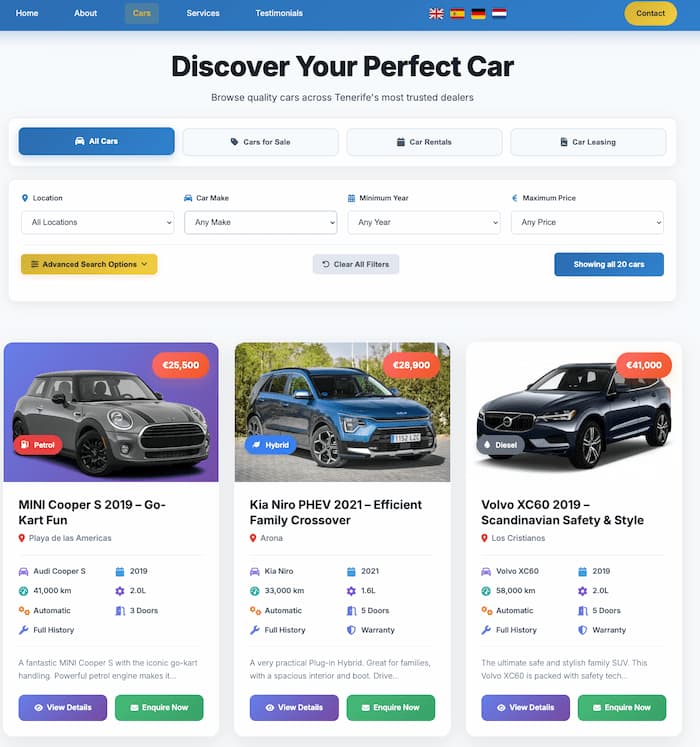 Car dealer website Tenerife — live showroom homepage